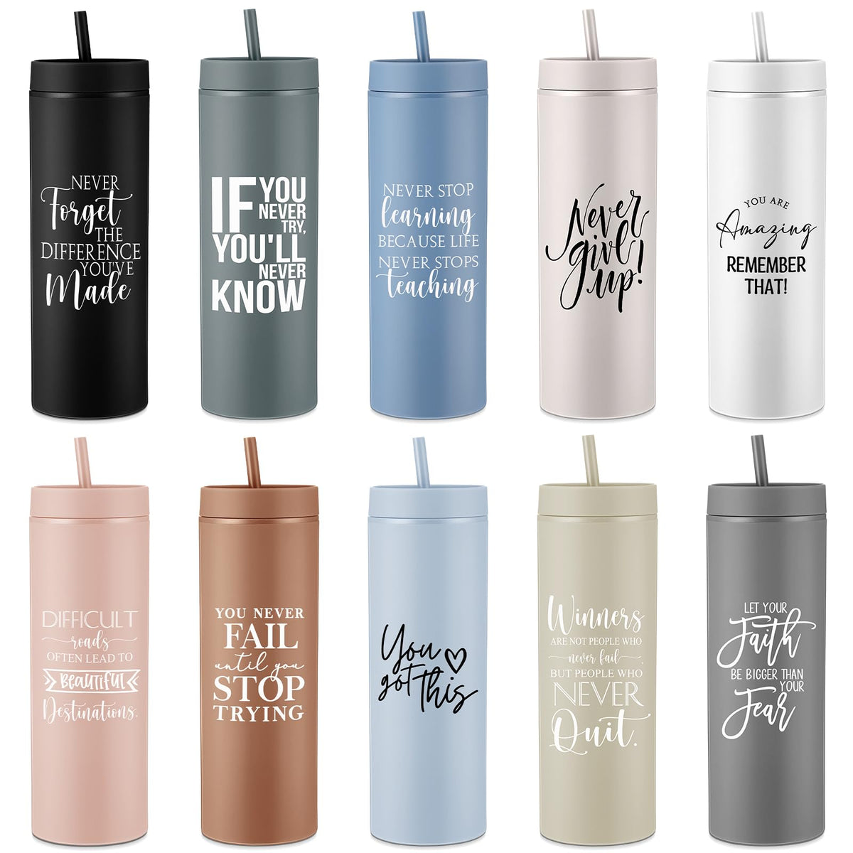 Tioncy 10 Pcs Employee Appreciation Gifts Bulk Thank You Gift 16oz Matte Inspirational Skinny Tumbler with Lid and Straw Valentine Appreciation Team Gifts for Coworker Teacher secretaries(Neutral)