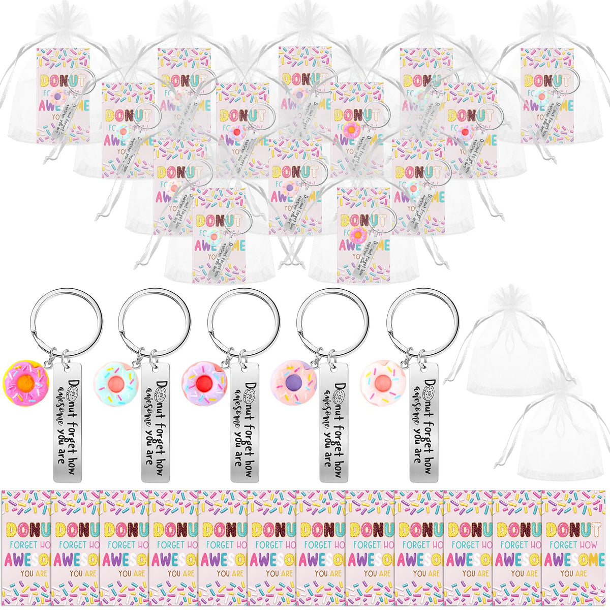 CraftyDream 20 Sets Valentines Day Positive Gifts Keychains with Card Bag Emotional Support Appreciation Gift for Coworker Employee (Donut)