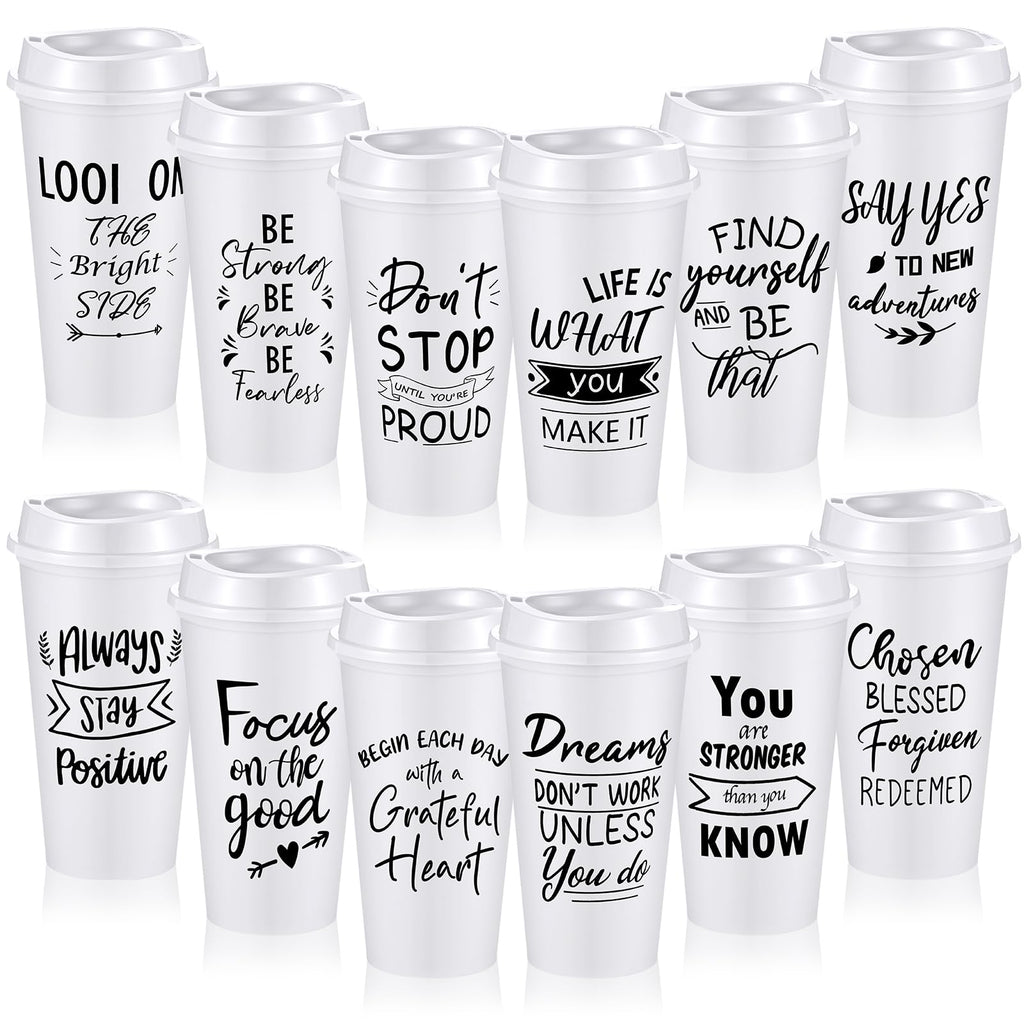 FillTouch 12 Pcs Employee Appreciation Cups Appreciation Gifts 16 oz Reusable Plastic Coffee Cups with Lids Team Gift for Staff Coworkers Teacher Thanksgiving Christmas Gifts (White)