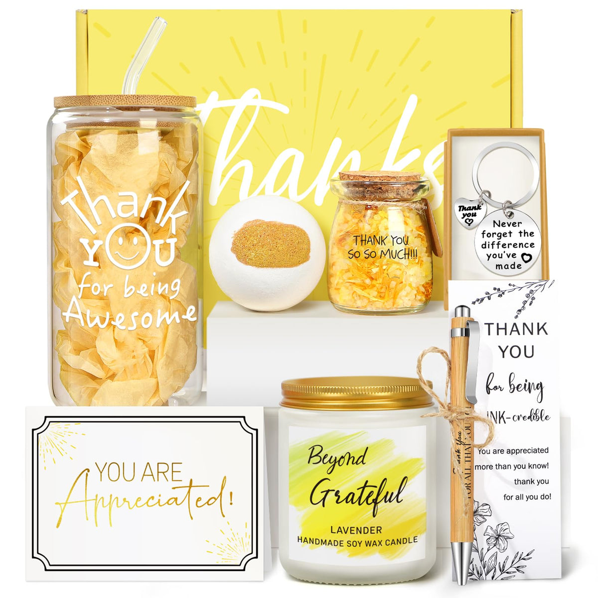 Thank You Gifts for Women 7PCS Employee Appreciation Gifts Baskets for Women Thank You Appreciation Gifts for Coworkers Teacher Principal Boss Secretary Nurse - Spa Gratitude Glass Cup Gift Box