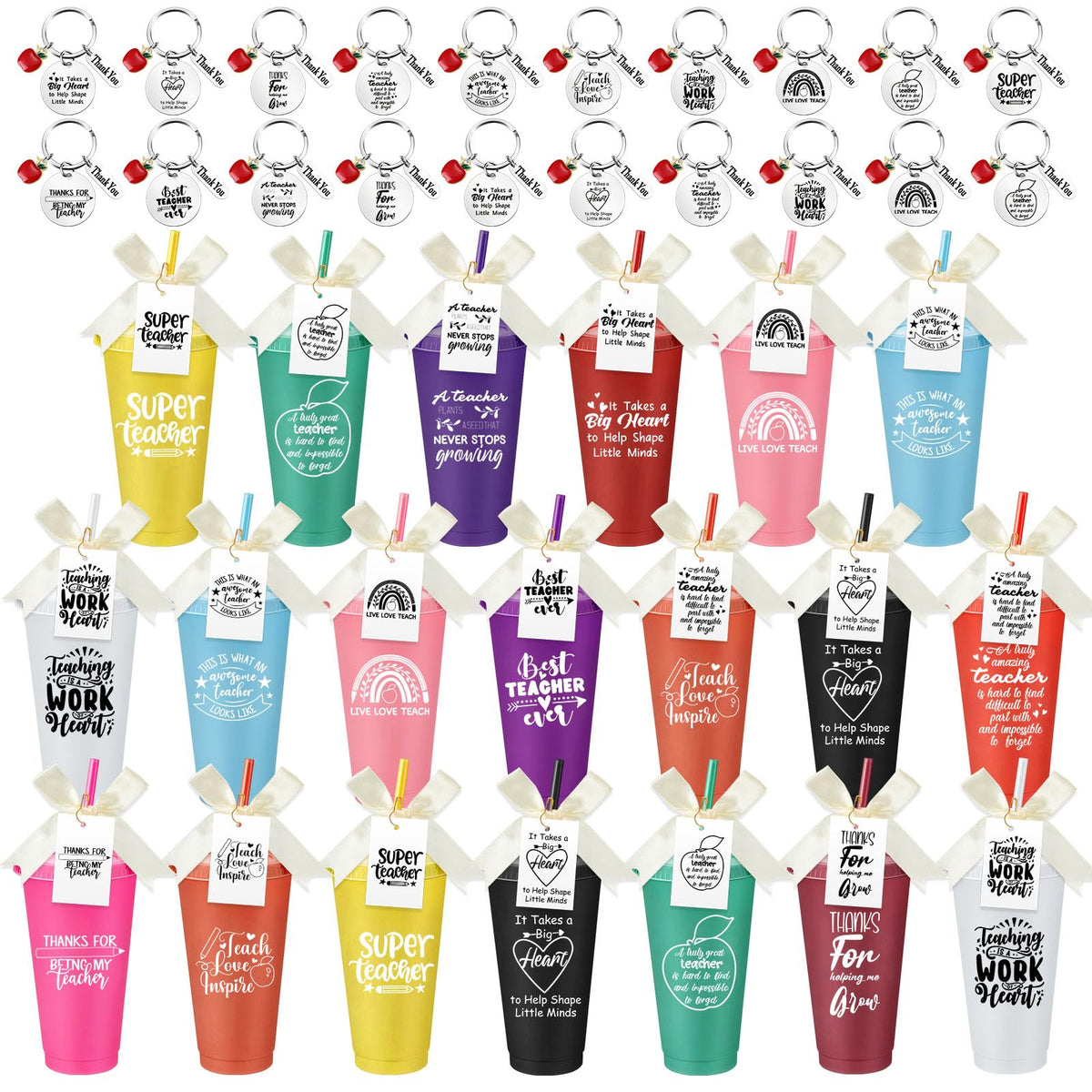 Honeydak 20 sets Teachers Appreciation Gifts Bulk 24oz Plastic Teachers Tumbler Bulk with Lids Straws Thank You Keychain Appreciation Cards Gifts for Teacher Team Staff Coworker(Cute)