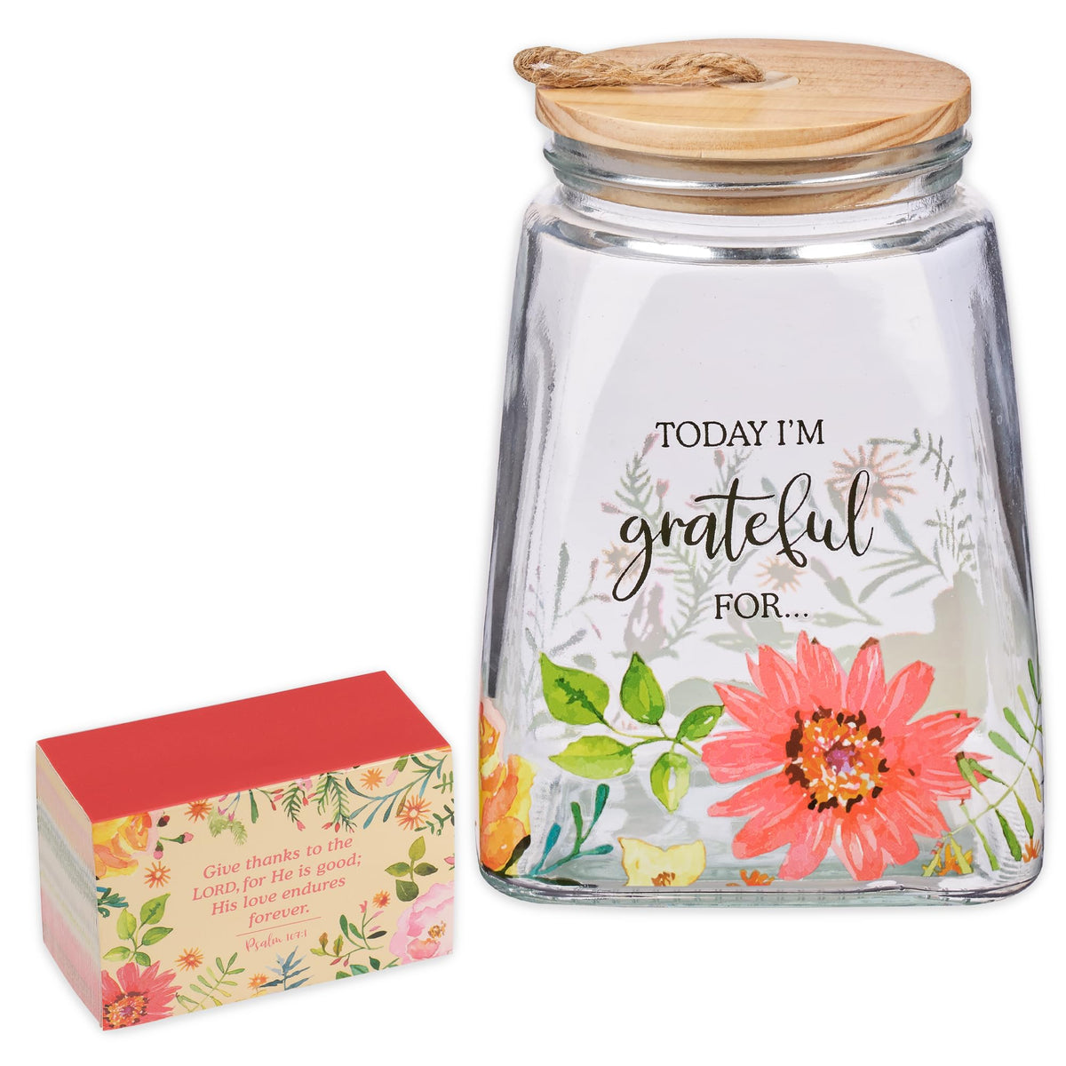 Christian Art Gifts Keepsake Count Your Blessings Glass Gratitude Jar Set with Bible Verse Note Cards - Today Im Grateful For Floral Orange Daisy
