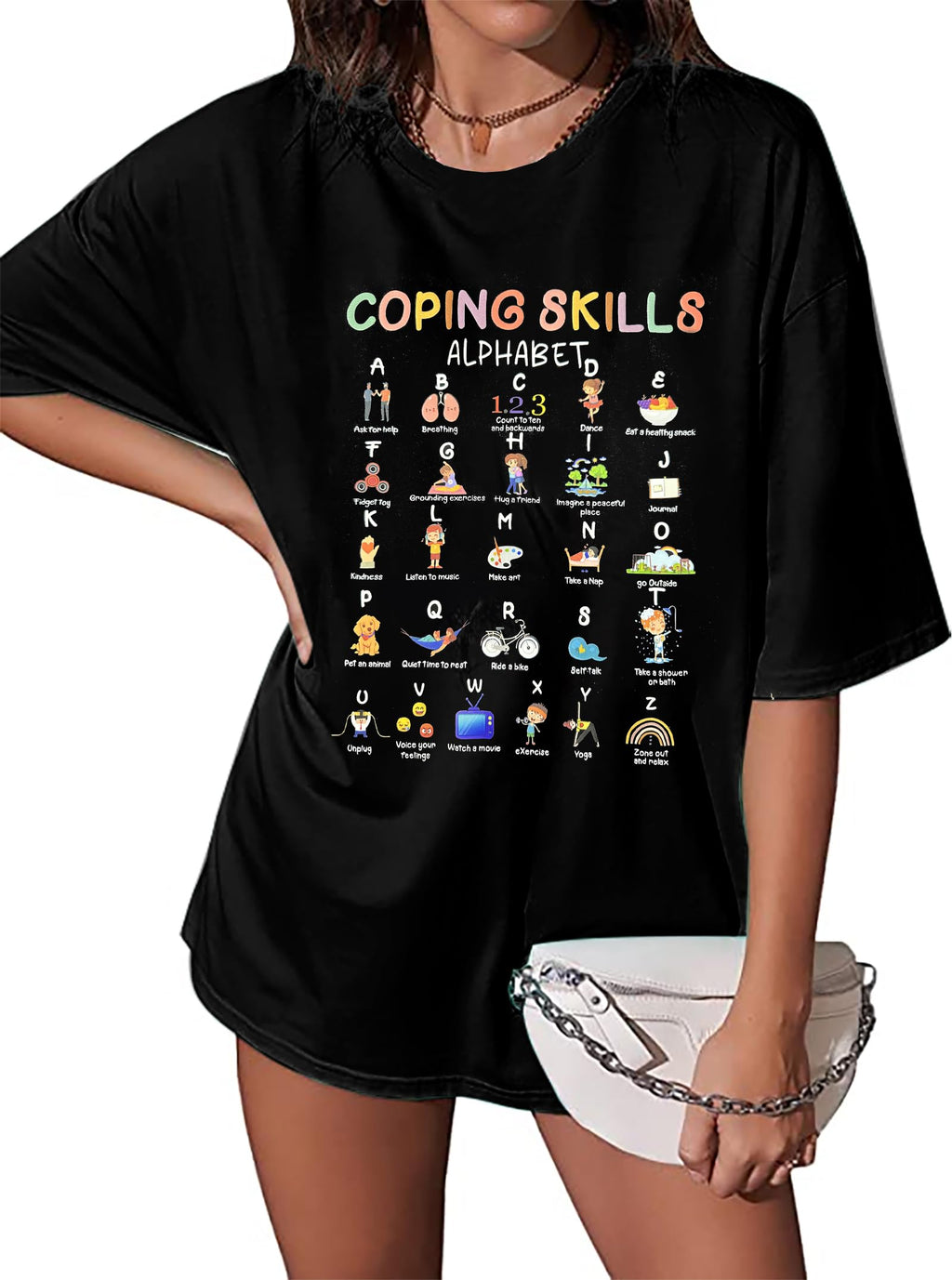 Teacher Shirts : Women Coping Skills Alphabet Shirt Mental Health Awareness Shirts Social Worker Appreciation Gifts Black-b